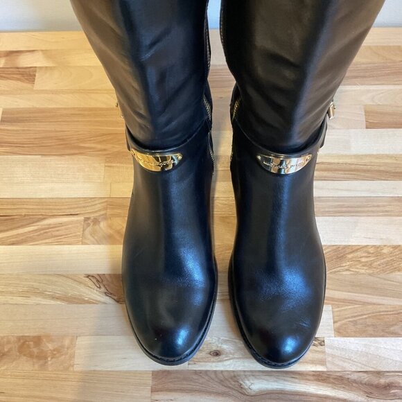 Michael Kors Black Leather Knee-High Riding Boots gold hardware Womens Size 5.5 - Picture 5 of 16